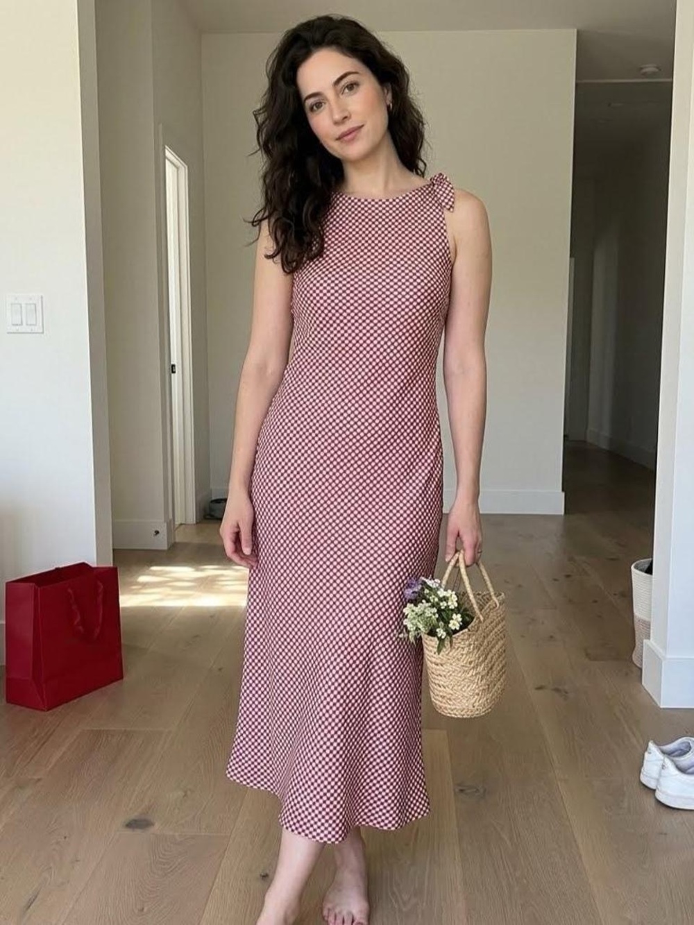 NWT Caroline Constas Gingham Tie-Shoulder Midi Dress Red/White SZ M